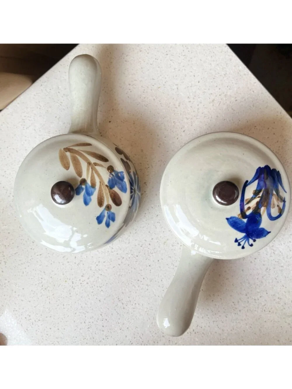 Ceramic Soup Bowls Lids & Handles Speckled Gray Blue Floral Ovenproof Set Of 2